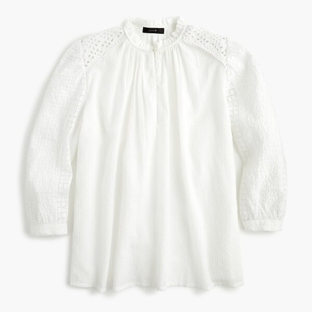 NWOT, J Crew Cotton Point Sur Mixed Embroidered Eyelet Popover, White, Size XL